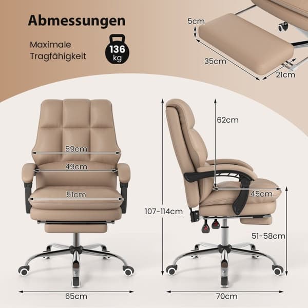 Ergonominen työtuoli sisäänvedettävällä jalkatuella Executive-tuoli pöytätuoli kahvi