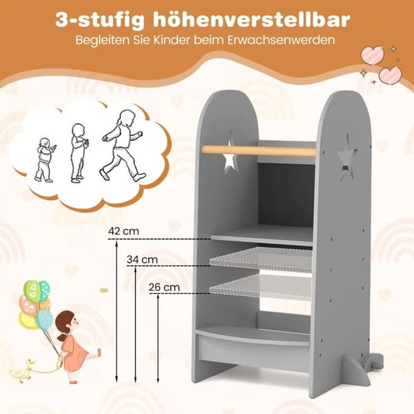 3 i 1 inlärningstorn trapppall för barn med 3 justerbara höjder 90 kg lastkapacitet grå