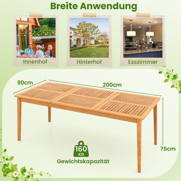 Havebord akacietræ 200 x 90 cm stort terrassebord til 8 personer natur