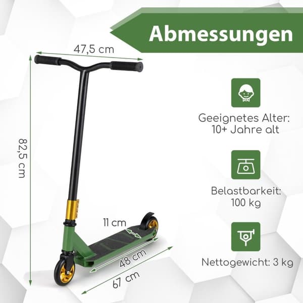 Stuntskoter med 360-styrning & PU hjul & Aluminium Deck Stunt Scooter Rolig Scooter Grön
