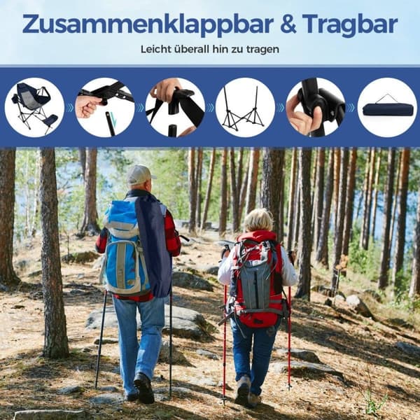 Campingstol med fotstøtte & justerbar ryggstøtte & nakkestøtte & koppholder fiskestol marineblå