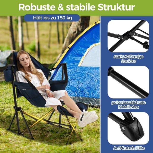 Campingstol med fotstøtte & justerbar ryggstøtte & nakkestøtte & koppholder fiskestol marineblå