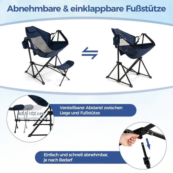 Campingstol med fotstøtte & justerbar ryggstøtte & nakkestøtte & koppholder fiskestol marineblå