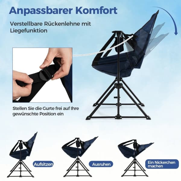Campingstol med fotstøtte & justerbar ryggstøtte & nakkestøtte & koppholder fiskestol marineblå