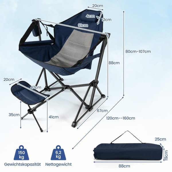 Campingstol med fotstøtte & justerbar ryggstøtte & nakkestøtte & koppholder fiskestol marineblå
