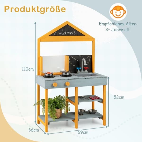 Lerkök för barn, barnkök utomhus av granträ med plantering, 2 svarta tavlor och en blå kran.