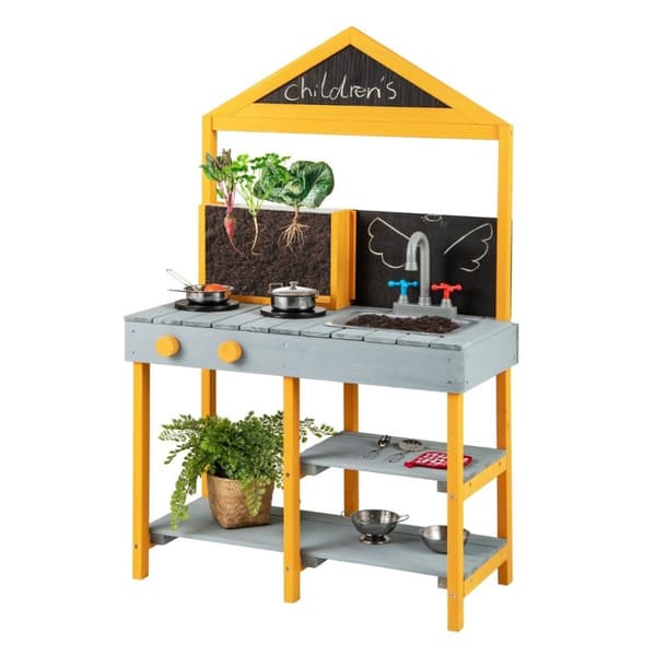 Lerkök för barn, barnkök utomhus av granträ med plantering, 2 svarta tavlor och en blå kran.