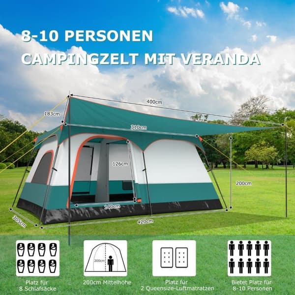 Stort tält med markis & golv & 2 rum & 2 ingångar & bärväska campingtält familjetält L