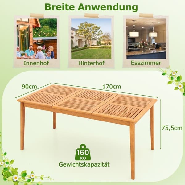 Hagebord akasietre 170 x 90 cm stort terrassebord for 6 personer naturell