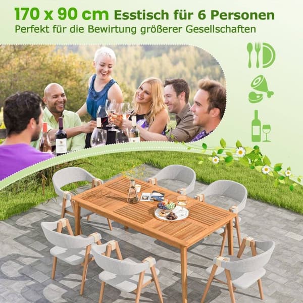 Hagebord akasietre 170 x 90 cm stort terrassebord for 6 personer naturell