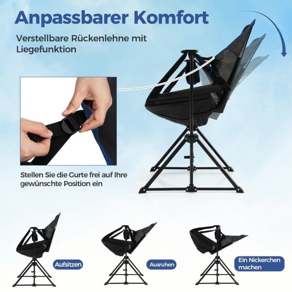 Campingstol med fotstöd & justerbart ryggstöd & nackstöd & mugghållare fiskestol svart