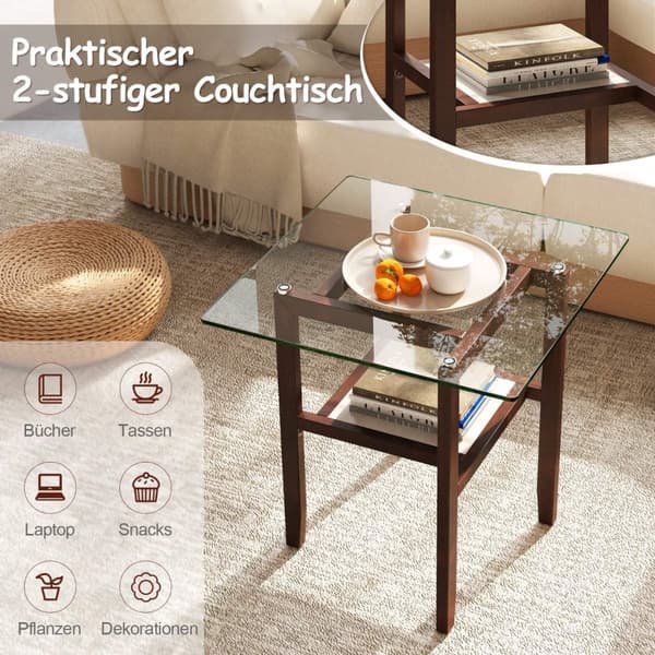 61 cm langt og bredt sidebord i glass 2-lags glassbord med oppbevaringsplass brun