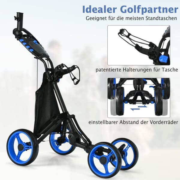 Golfvogn 4-hjuls Golfvogn Golfvogn Golf sammenleggbar Golf Caddy Golf Push Cart laget av aluminium blå