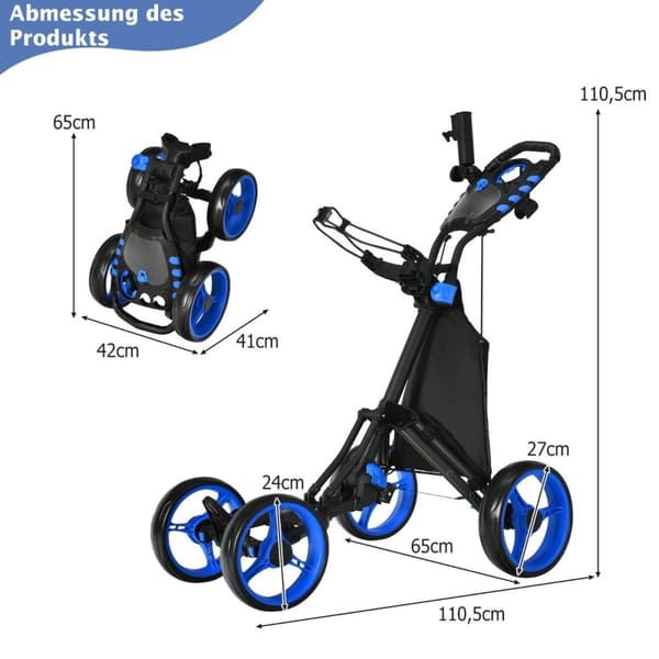 Golfvogn 4-hjuls Golfvogn Golfvogn Golf sammenleggbar Golf Caddy Golf Push Cart laget av aluminium blå