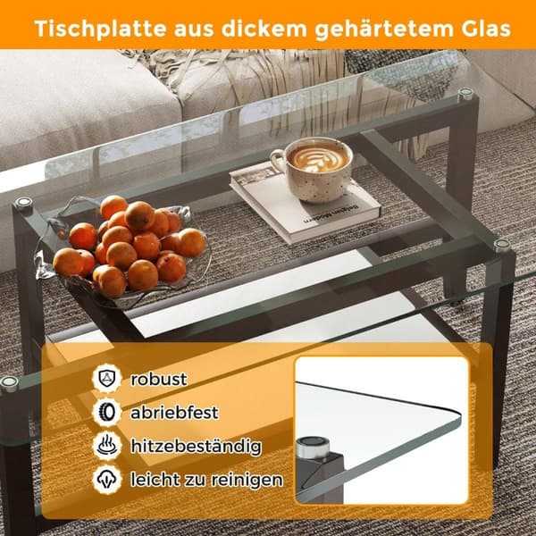 Sofabord i glass 2-lags sidebord med oppbevaringsplass 107 cm langt rektangulært salongbord