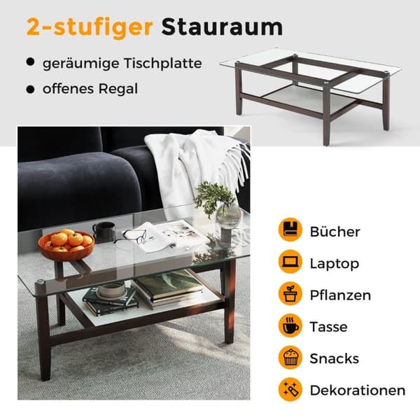Sofabord i glass 2-lags sidebord med oppbevaringsplass 107 cm langt rektangulært salongbord