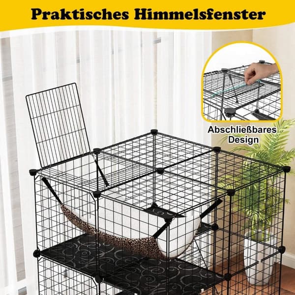Kissan häkki 3-kerroksinen iso kissan kotelo riippumatolla 2 tikkaat 3 ovea ja kattoikkuna 74 x 74 x 107 cm