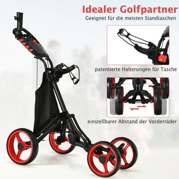 Golfvogn 4-hjuls Golfvogn Golfvogn Golf sammenleggbar Golf Caddy Golf Push Cart laget av rødt aluminium