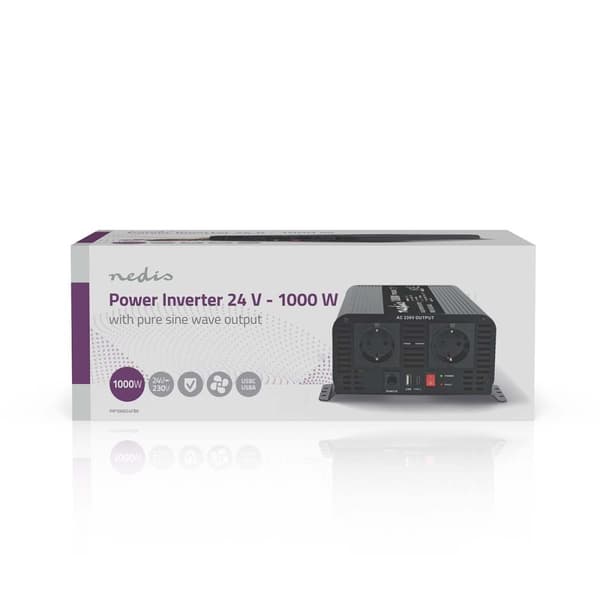 Tehoinvertteri puhdas siniaalto | Tulojännite: 24 V DC | Laitteen lähtöliitännät: tyyppi F (CEE 7/3) / USB-A / USB-C™ | 230 V AC 50 Hz | 1000 W | Huip