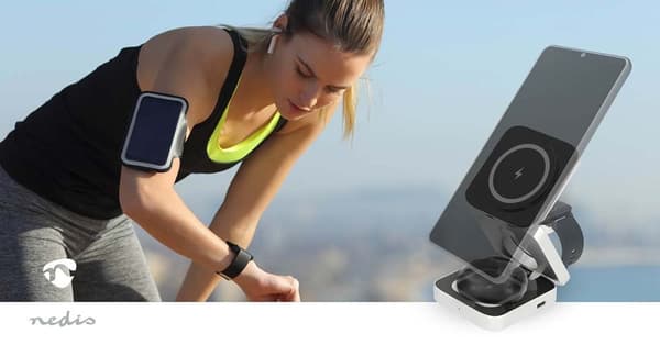 Trådløs lader | 3-i-1 | 2,5 / 5 / 15 W | LED-indikator i bruk | Inkludert kabel | USB-A / USB-C™ | 1,50 m