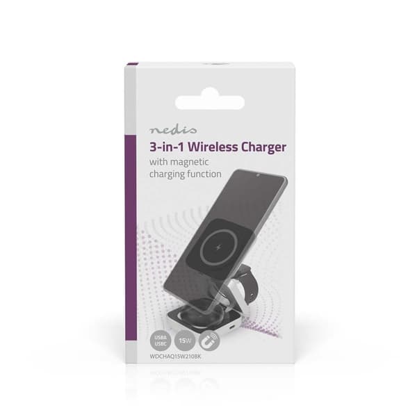 Trådløs lader | 3-i-1 | 2,5 / 5 / 15 W | LED-indikator i bruk | Inkludert kabel | USB-A / USB-C™ | 1,50 m