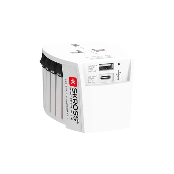 Matkasovitin Innovatiivinen 2-napainen integroidulla kaksois-USB-laturilla (1 x USB C & 1 x USB)