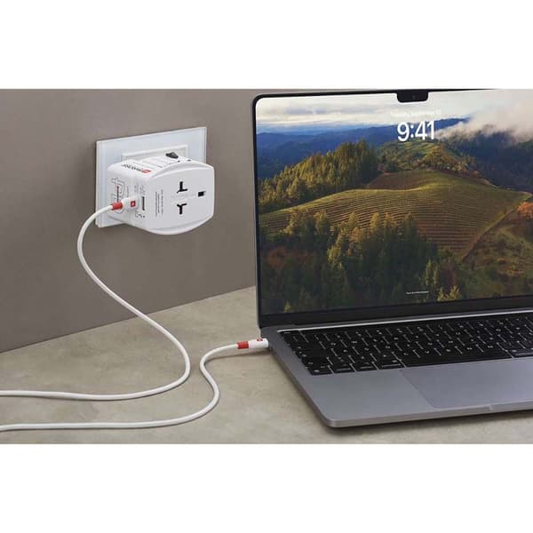 Reiseadapter 2-polet verdensreiseadapter med integrert dobbel USB-lader (1x USB C og 1 x USB) 45 Watt strømforsyning