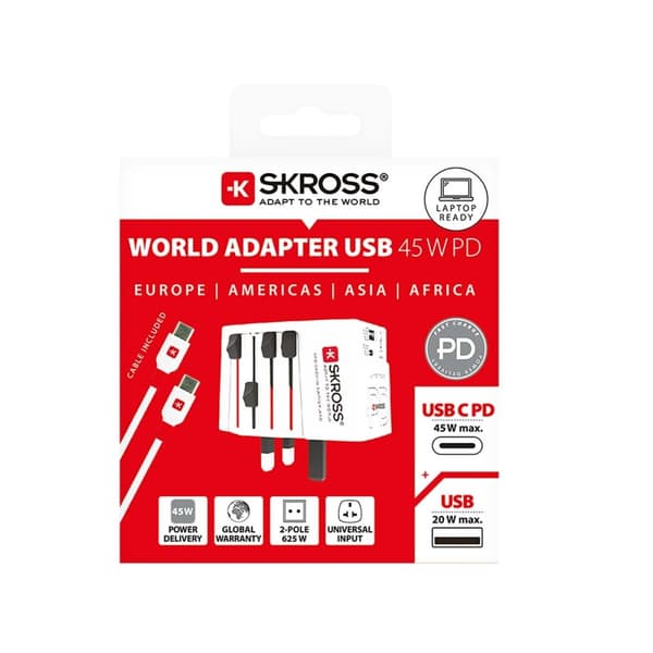 Reiseadapter 2-polet verdensreiseadapter med integrert dobbel USB-lader (1x USB C og 1 x USB) 45 Watt strømforsyning