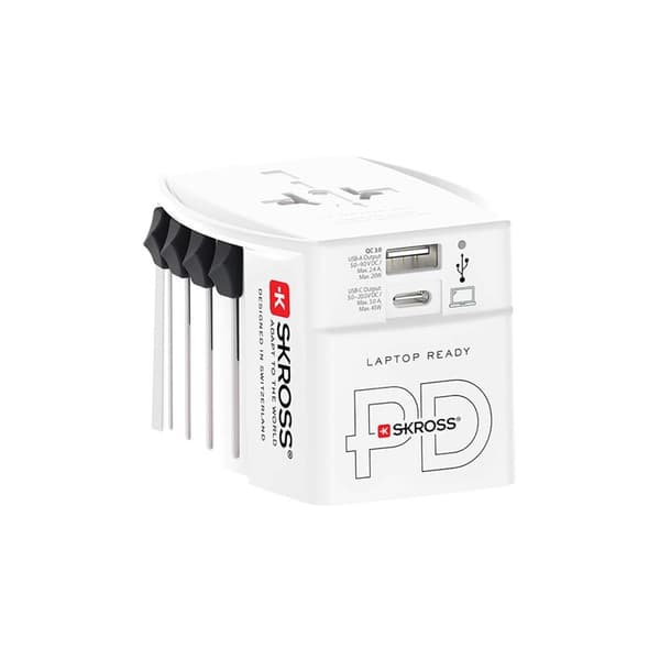 Reiseadapter 2-polet verdensreiseadapter med integrert dobbel USB-lader (1x USB C og 1 x USB) 45 Watt strømforsyning