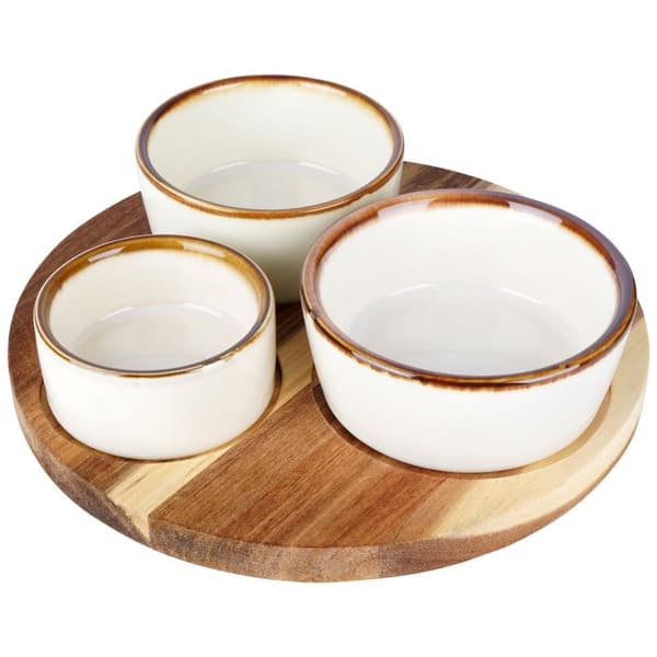 Keraamiset välipalakulhot 20 cm tarjottimella, 3 kpl.