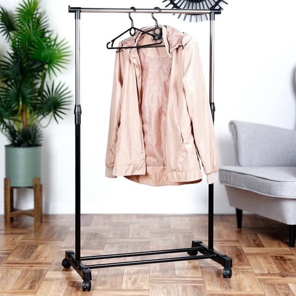 Stående tøjstativ, metal, sort, på hjul, 140 cm