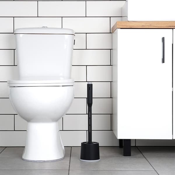 Toalettborste i silikon med stativ och vätskedispenser svart 40 cm