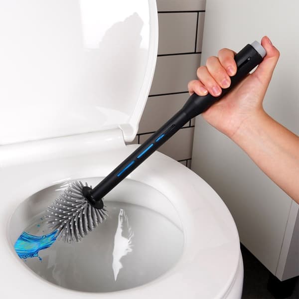 Toalettborste i silikon med stativ och vätskedispenser svart 40 cm