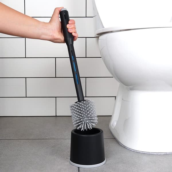 Toalettborste i silikon med stativ och vätskedispenser svart 40 cm
