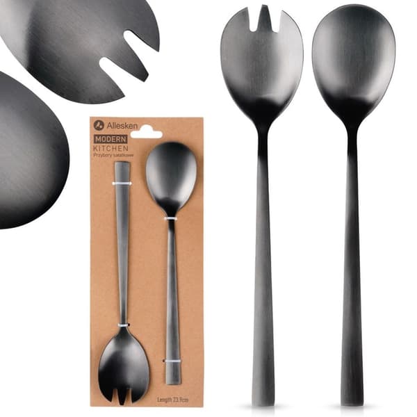 Mustat teräksiset salaattilusikat 23,5 cm 2 kpl.