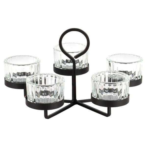Sort metalllysestake med glassinnsats for 5 lys 21x21x12 cm