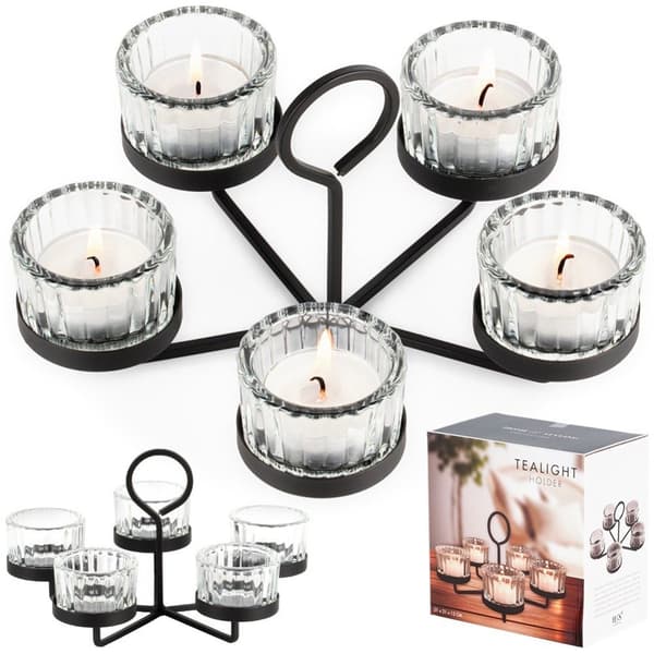 Sort metalllysestake med glassinnsats for 5 lys 21x21x12 cm