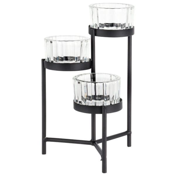 Sort metalllysestake med glassinnsats for 3 lys 11x11x18,5 cm
