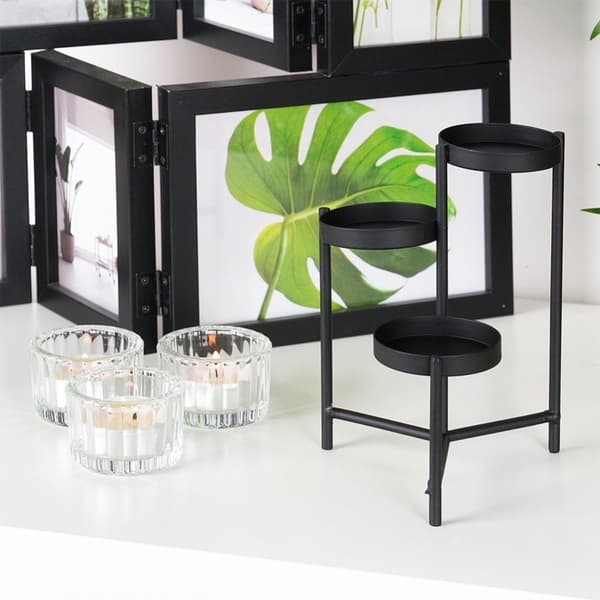 Sort metalllysestake med glassinnsats for 3 lys 11x11x18,5 cm
