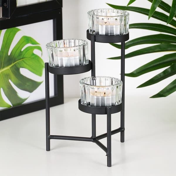 Sort metalllysestake med glassinnsats for 3 lys 11x11x18,5 cm
