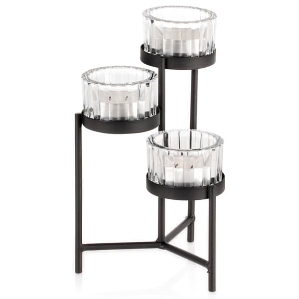 Sort metal lysestage med glasindsats til 3 lys 11x11x18,5 cm