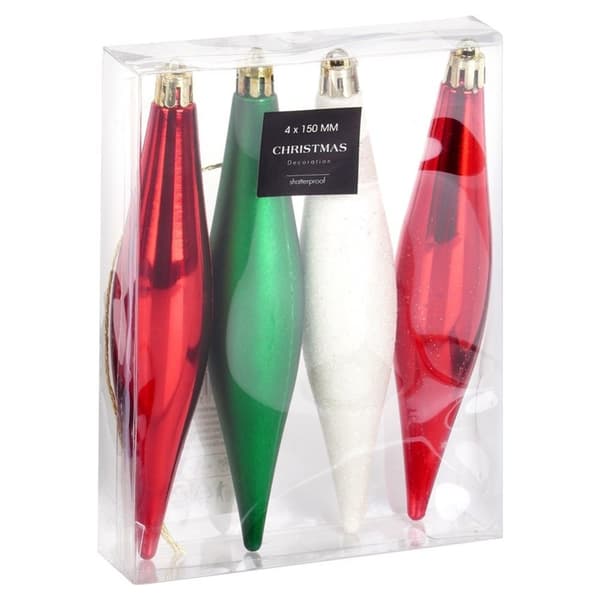 Ubrydelige julekugler istapper rød grøn hvid 15 cm 4 stk.