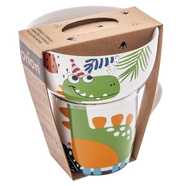 Barnmugg med skål, porslinsdinosaurie, 2 st.
