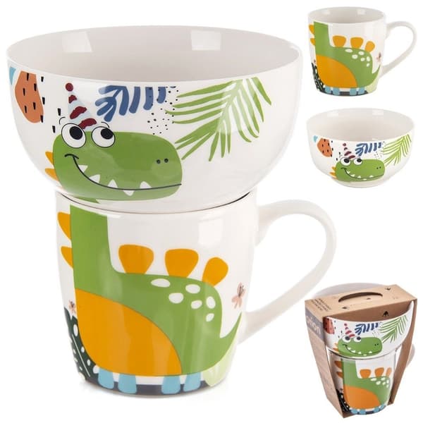 Barnmugg med skål, porslinsdinosaurie, 2 st.
