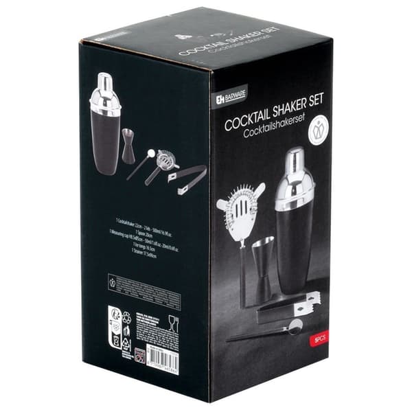 Barsett med shaker, stål, sort, 5 stk.