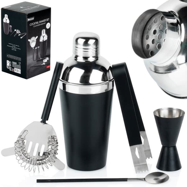 Barsett med shaker, stål, sort, 5 stk.