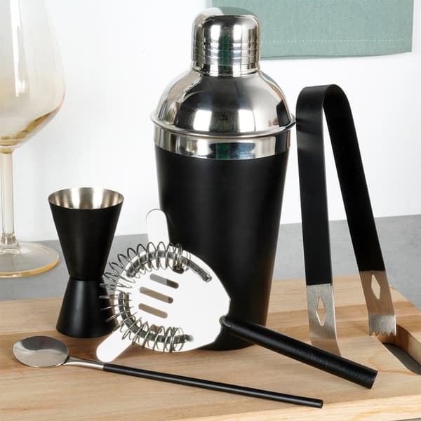 Barsett med shaker, stål, sort, 5 stk.