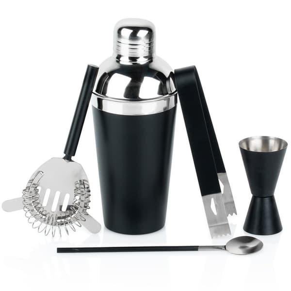 Barsett med shaker, stål, sort, 5 stk.