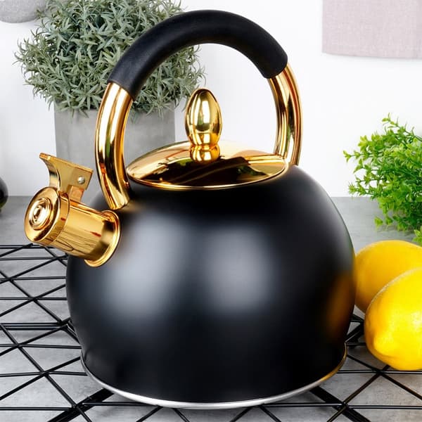 Kedel med fløjte, stål, sort, guld, 3 l