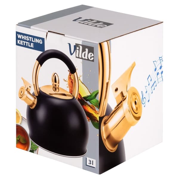 Kedel med fløjte, stål, sort, guld, 3 l